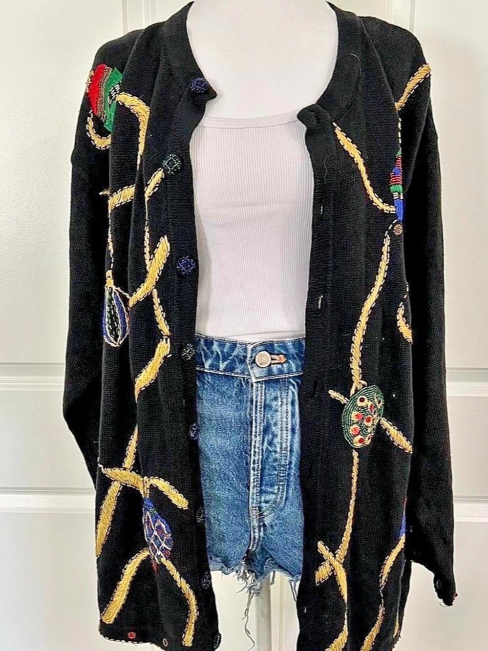 Victoria Jones Embroidered Abstract Cardigan in Black & Gold XL